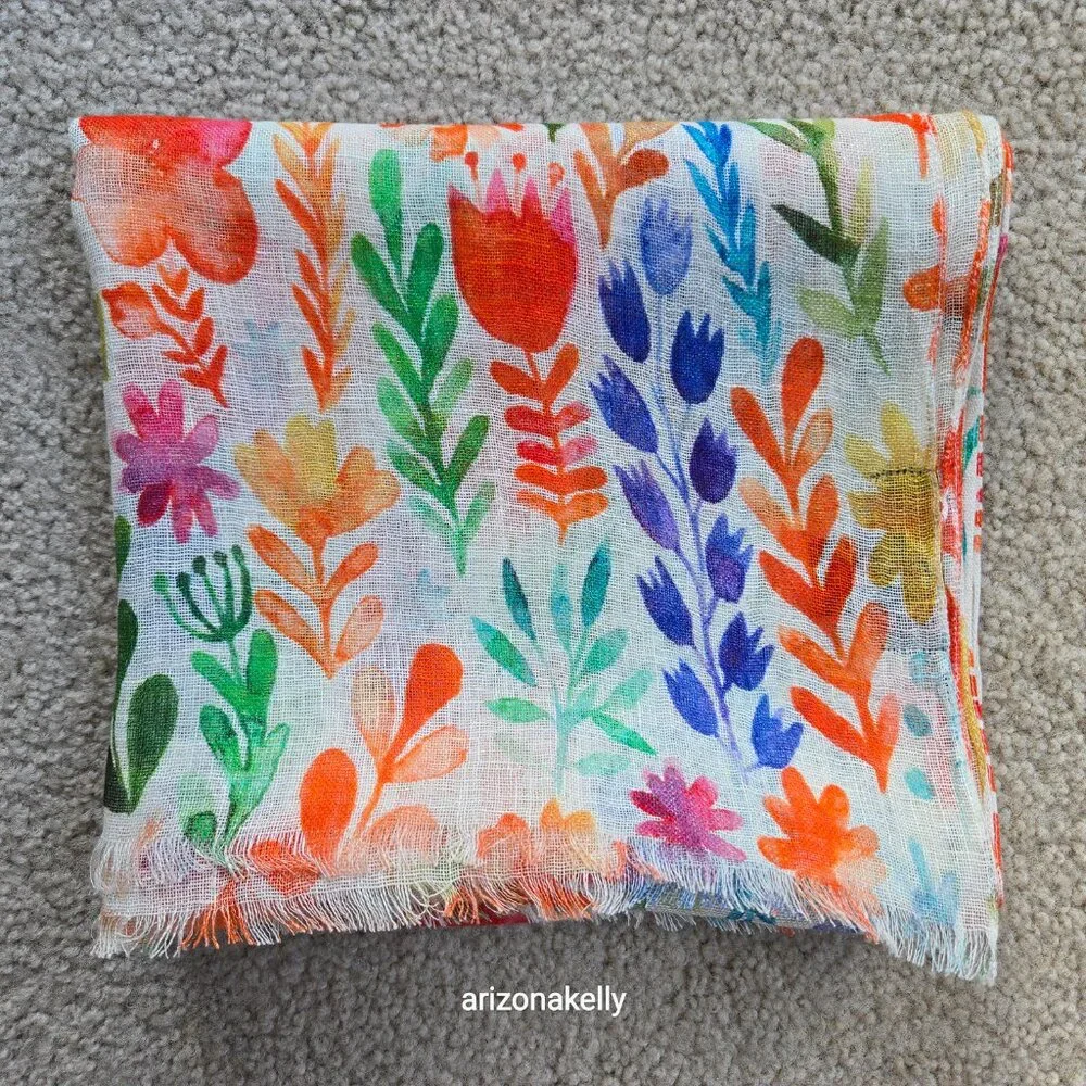 NWOT Linen Scarf Watercolor Flowers Colorful Art - Picture 10 of 10